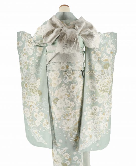 参列振袖[くすみカラー]くすんだミントグリーンに白銀の花と毬[身長166cmまで]No.1102